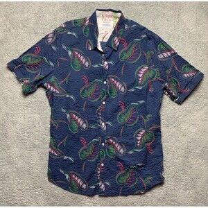 Paper Denim & Cloth Shirt Mens Large Blue Green Floral Print Hawaiian Seersuckle